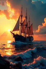 Fototapeta premium Barco hundido en el mar con amanecer rojizo de fondo, ship, sea creatures, maritime