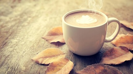 Steaming Mug of Pumpkin Spice Latte Surrounded by Autumn Leaves in Soft Pastel Tones