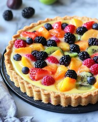 A delightful fruit tart with empty space on the top for text, featuring a buttery crust filled with...