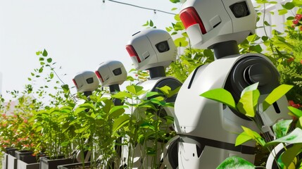 A lineup of futuristic robots caring for vibrant garden plants under bright daylight, blending technology with nature. Perfect for future eco-tech themes. AI generated.