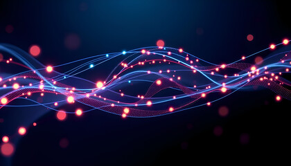 "Abstract Flowing Lines and Glowing Dots Representing Digital Data Streams with Dynamic Motion on a Dark Background – Perfect for AI, Big Data, and Futuristic Digital Concepts"