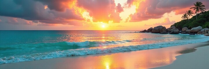 Obraz premium Beach at sunset with turquoise water and white sandy shore, landscape, sunset