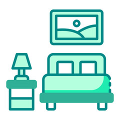 Hotel bed green filled line icon showcasing the comfort and luxury of hotel