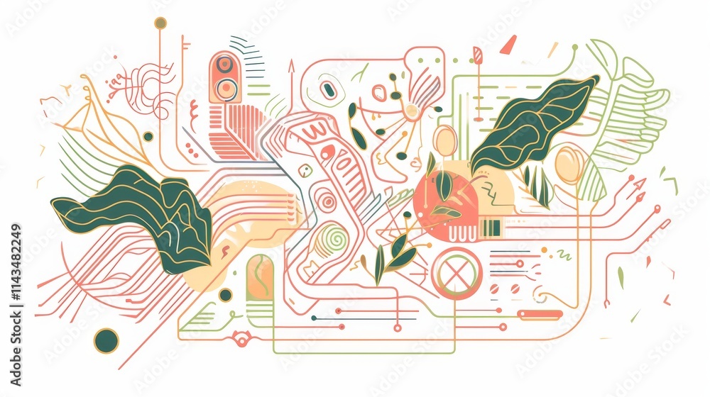 Poster a creative fusion of botanical elements and circuit-like lines in soft pastel tones, representing th