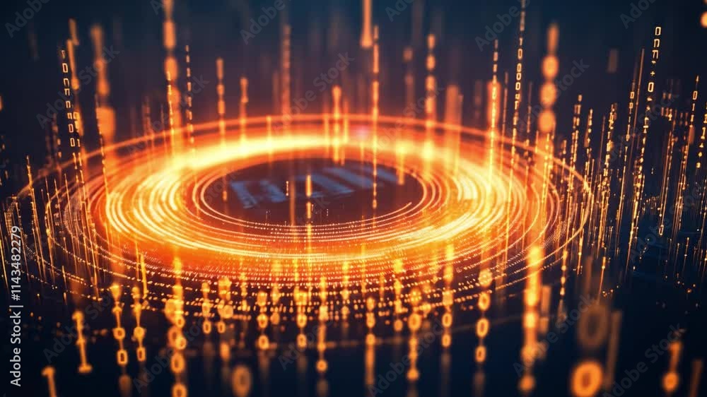 Poster digital vortex: abstract digital art depicting a glowing orange and copper vortex of data streams an