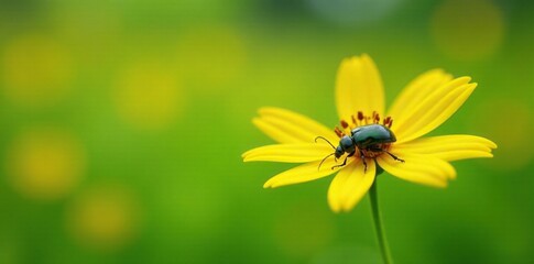 Obraz premium Beetle walking along a long-stemmed yellow wildflower in the green meadow, stem, nature, bug