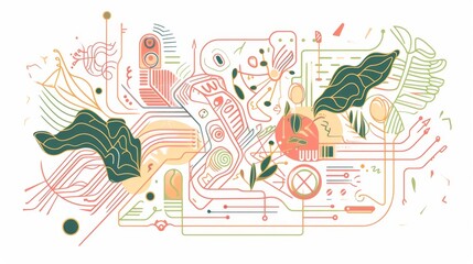 A creative fusion of botanical elements and circuit-like lines in soft pastel tones, representing the intersection of nature and technology. AI generated.