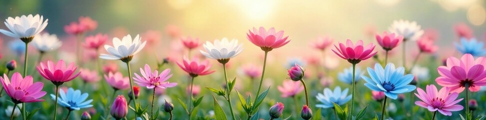 A field of colorful flowers in soft pink and blue hues with greenery, garden, pastel colors