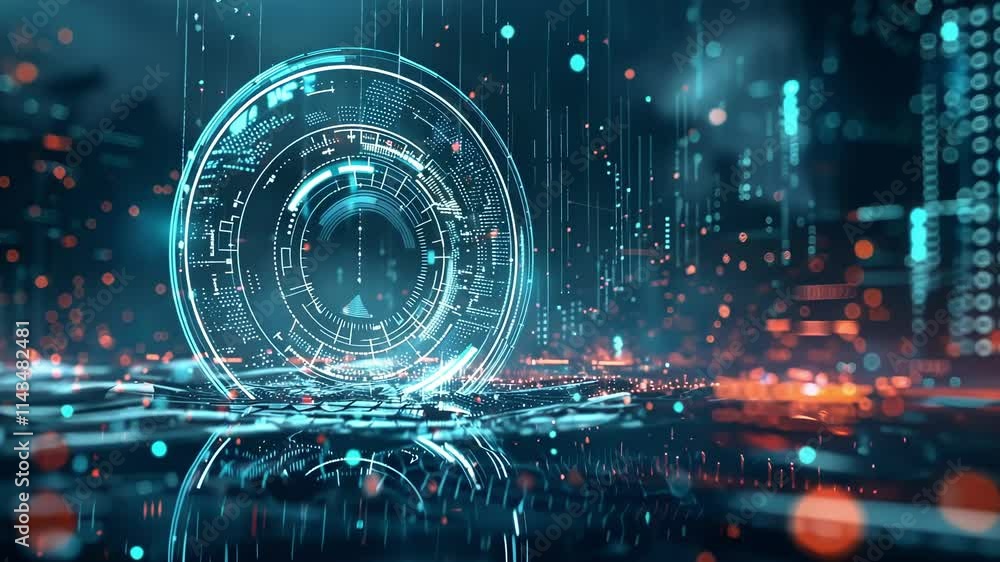 Poster data streams flow through a futuristic hud interface, visualizing information in a tech environment,