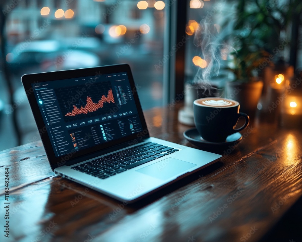 Aufkleber Modern Fintech Workspace with Laptop Displaying Blockchain Data and Coffee