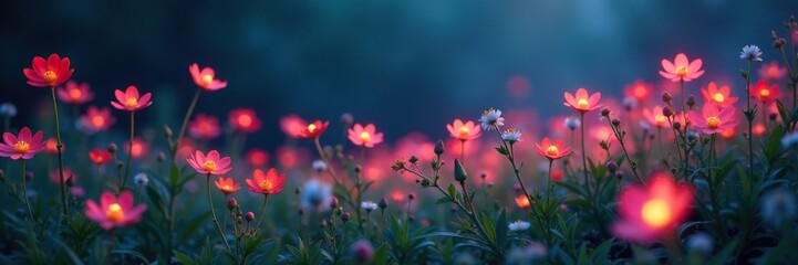 Obraz premium Bioluminescent wildflowers sway in the breeze, wind-swept flowers, serene environment, soft focus