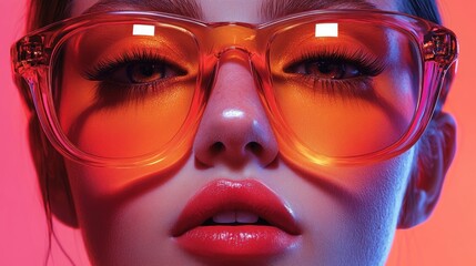 Close-up, woman's face, orange glasses, red lips. © Ali