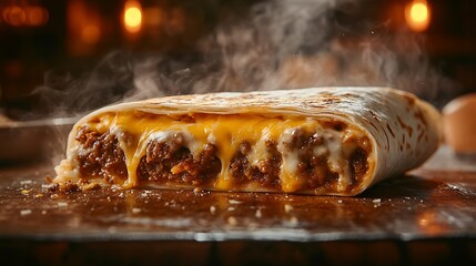 A burrito being torn open, showcasing gooey melted cheese stretching between layers of seasoned fillings, steam rising softly, moody food shot with warm highlights and a rustic wooden background,