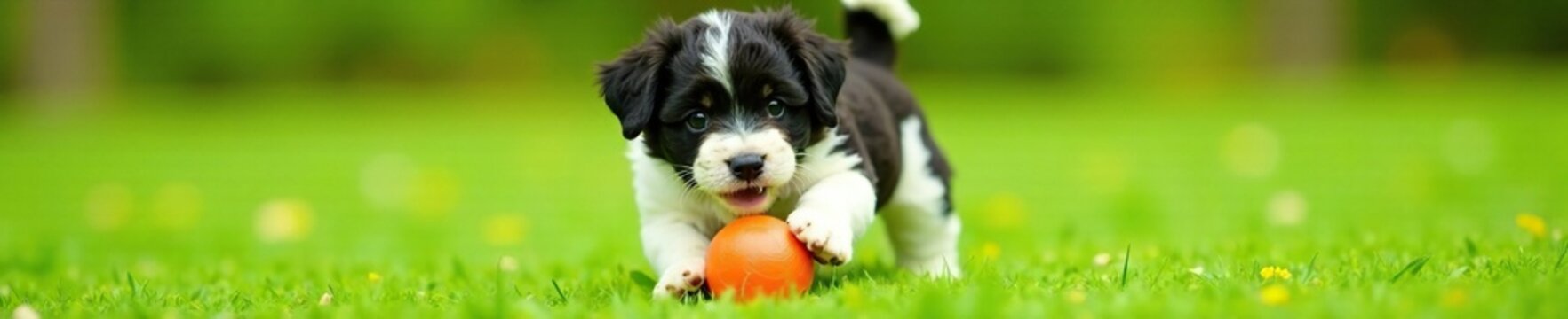 Black and white Shichon puppy playing with a ball on a green grass, playtime fun, furry friend at play