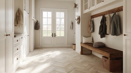 Bright, airy entryway with wooden bench, coat hooks, and white cabinets.