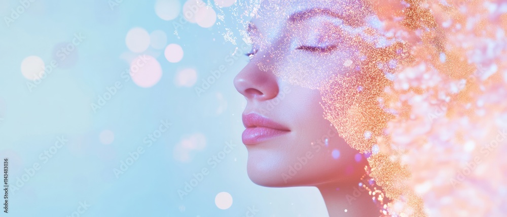 Poster Ethereal Double Exposure Portrait with Digital Glowing Abstract Elements