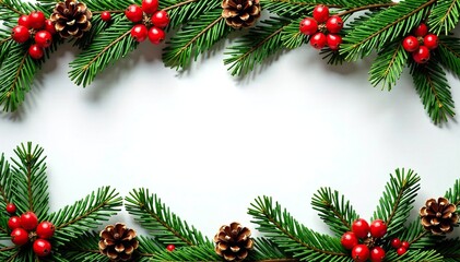 A garland of evergreen branches adorned with bright red berries and pinecones, greenery, red berries, evergreen