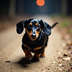Black Dachshund running in a dark or dimly lit environment, dog breed, black dachshund, furry