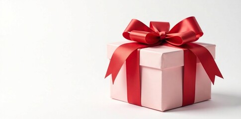 A gift box adorned with a large red ribbon in front of a plain white background, decorative, ribbon, red