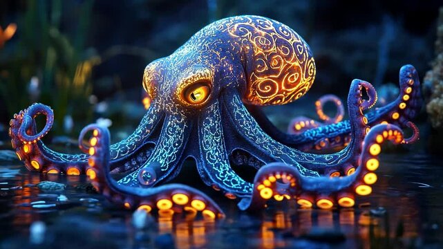 Luminous Octopus: A mesmerizing digital art piece depicting a bioluminescent octopus with intricate, glowing patterns.  Its captivating gaze and vibrant colors create a mystical underwater scene. 
