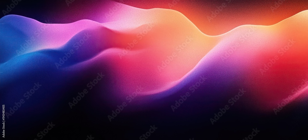 Poster abstract gradient background in purple pink orange with glowing waves and dark noise texture for mod