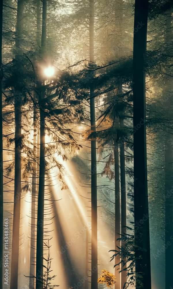 Poster sunlight streams through tall trees creating a serene atmosphere in a lush forest
