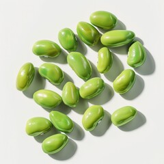 Fresh green peas scattered on a plain white background highlighting the natural and healthy attributes of this versatile legume  The image showcases the vibrant color plump texture
