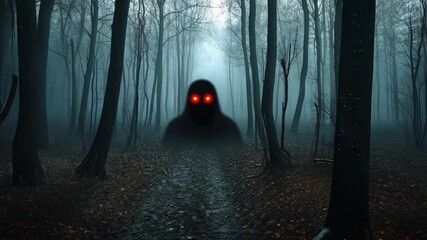 Shadow in the Woods: A mysterious hooded figure with glowing red eyes looms in a dark, misty forest path.  The eerie atmosphere and ominous presence create a chilling scene perfect for horror.