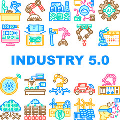 industry 5 automation robotics icons set vector. ai collaboration, innovation efficiency, sustainability personalization industry 5 automation robotics color line illustrations