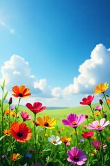 A colorful medley of wildflowers in full bloom against the vast expanse of a bright blue sky, blooms, blossoms