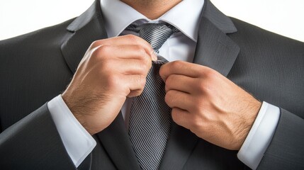 A businessman loosening his tie slightly, looking calm and confident, isolated on a white background