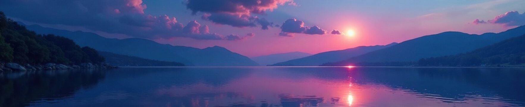 A crescent moon rises above the peaceful landscape of Yesa lake and its surroundings during a calm twil, crescent moon, even