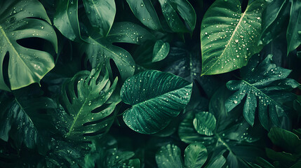  Dark lush tropical leaves with water droplets, showcasing natural elegance, vibrant greenery, and tranquility, perfect for eco-designs, nature photography, and organic themes