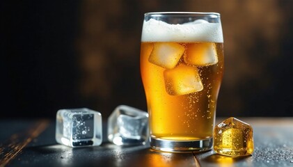 Cold beer in a glass with small and large ice cubes, ice cube, beverage container, chilled