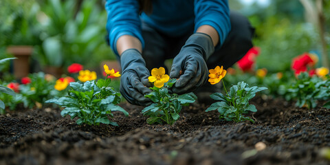 Fototapeta premium gardener planting colorful flowers in a neatly organized garden bed, surrounded by tools and soil