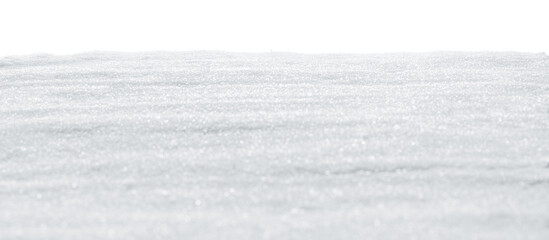Real smooth white snow sparkling in winter sunlight. Flat snow drift with transparent background.