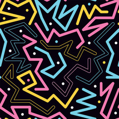 a colorful pattern with lines on pink purple blue and points on a dark purple background