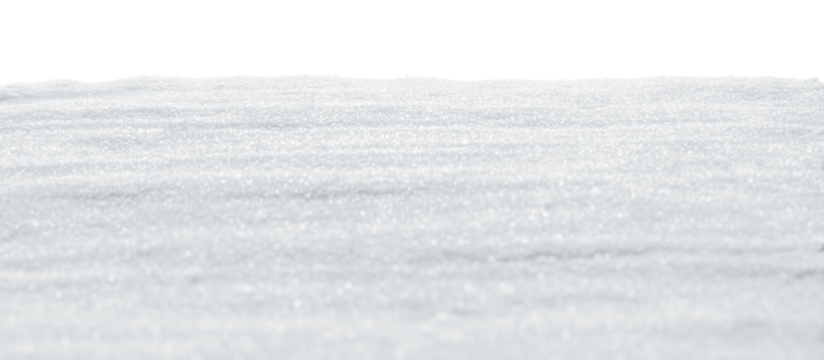 Real smooth white snow sparkling in winter sunlight. Flat snow drift with transparent background.