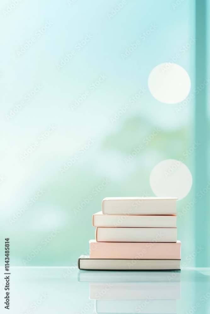 Poster dreamy stack of books with soft reflections on glass surface