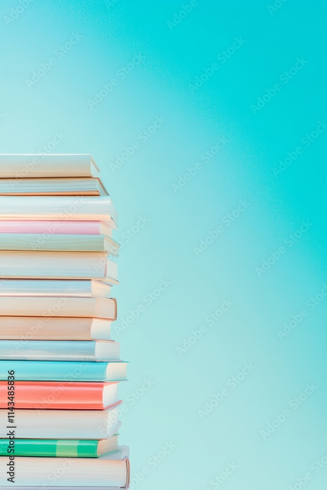 Poster Serene Stack of Books Against Aqua Backdrop with Soft Reflections