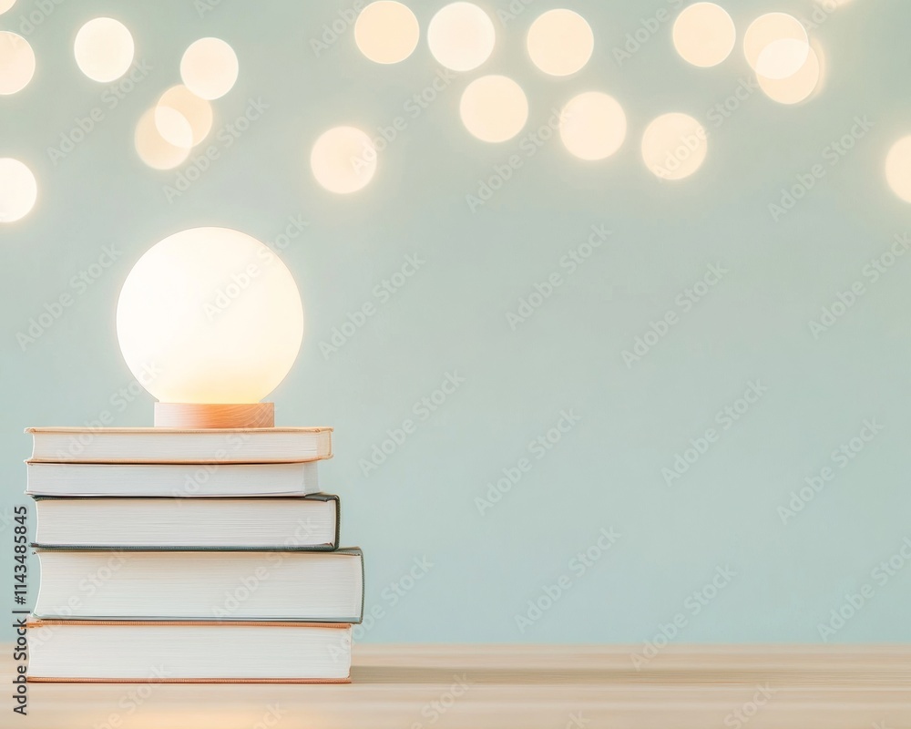 Poster dreamy library corner with glowing lamp and soft book reflections