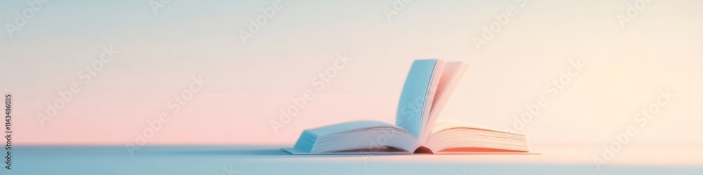 Poster minimalist dreamlike library with open books and soft reflections