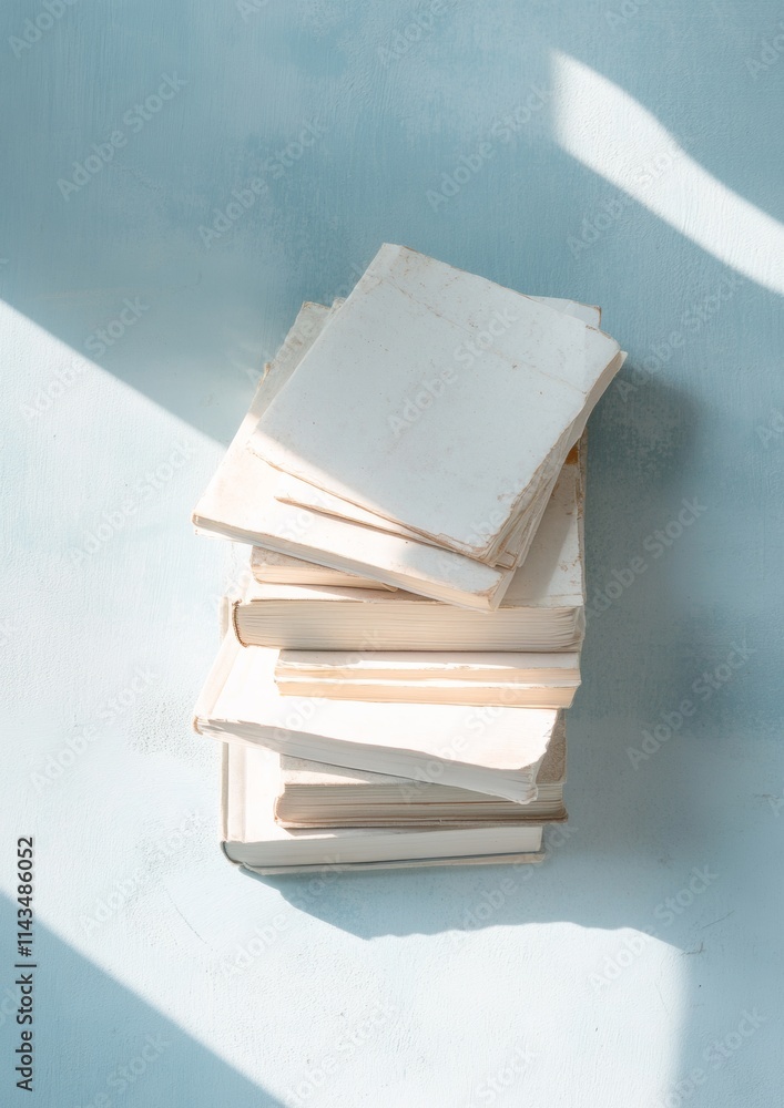 Poster stack of old books in soft pastel light casting shadows on blue background
