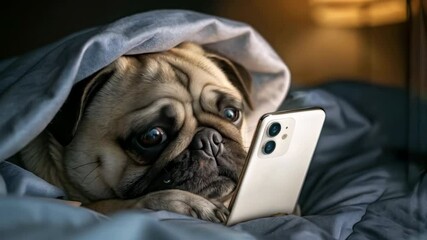 Sad pug under a blanket, looking at a smartphone with tears eyes. Crying, upset dog watching screen at night, feeling lonely and depressed. Emotional pet browsing content in dim light