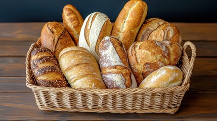 A rustic bread basket with assorted artisan breads and empty space at the bottom for text, displaying a variety of freshly baked loaves, baguettes, and rolls on a wooden table. The warm tones 