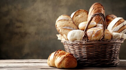 A rustic bread basket with assorted artisan breads and empty space at the bottom for text, displaying a variety of freshly baked loaves, baguettes, and rolls on a wooden table. The warm tones 