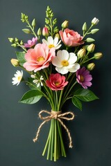 A delicate flower garland wrapped around a wooden dowel, tied with a small twine bow, greenery, bouquet