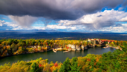 View of Mohonk mountain house at autumn during storm