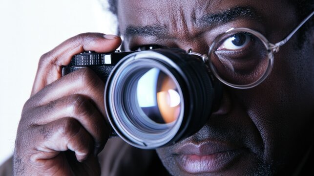A photographer adjusting the diopter on a DSLRs viewfinder, peering intently, white background