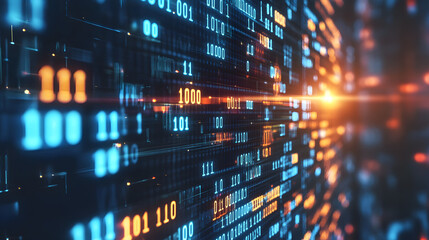 Futuristic digital data stream with glowing binary code in blue and orange hues, symbolizing technology, innovation, and data processing, perfect for tech and cybersecurity themes